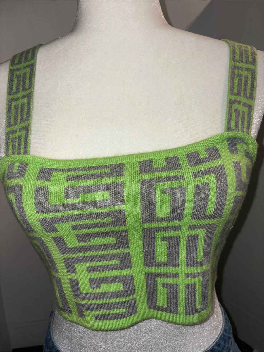 AKIRA Lime Green & Gray Geometric Knit Crop Top
